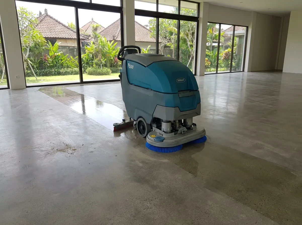 Floor scrubber machine cleaning a newly built commercial space in Bali