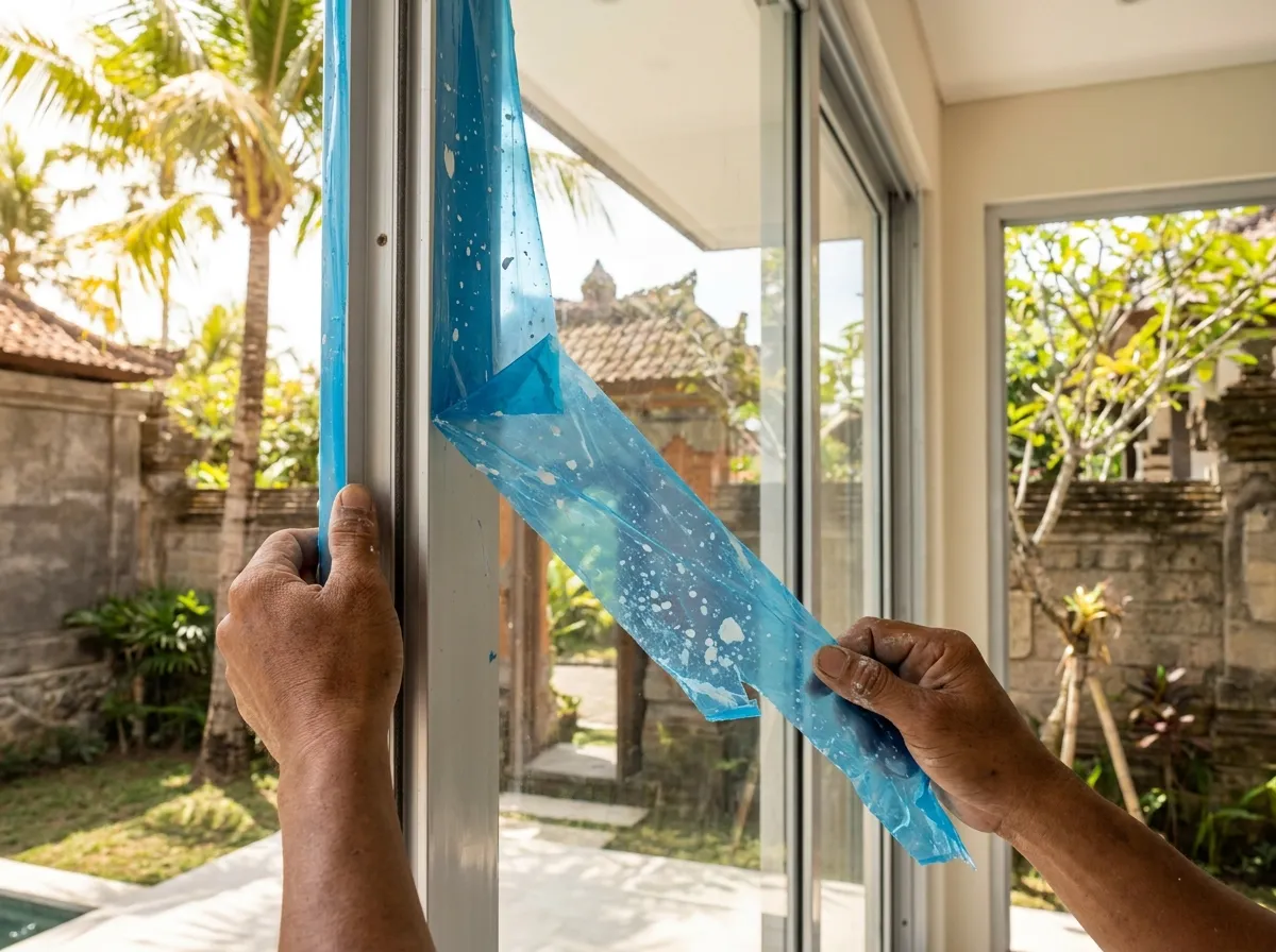 Removing protective film from a new door during renovation cleaning